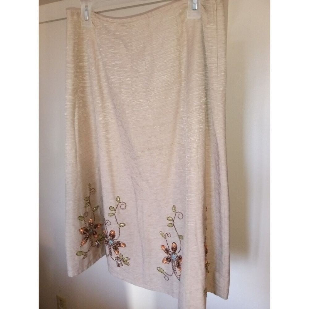 Silkland Womens Champagne Tan Beaded Floral Silk Midi Skirt Size 6 Side Zip